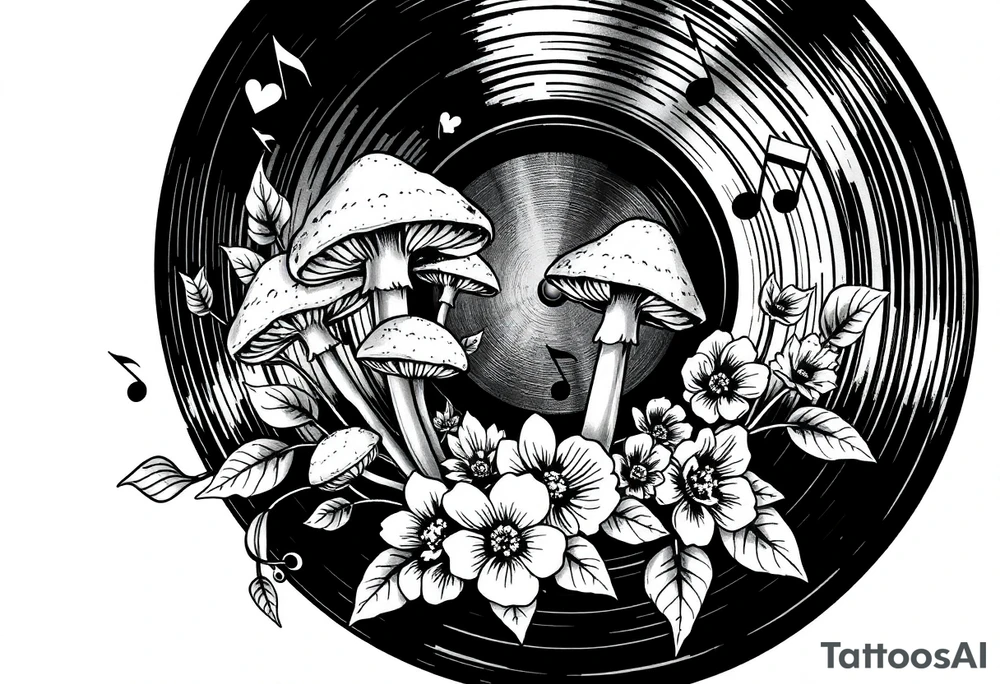 vinyl record with mushrooms, flowers, and music notes tattoo idea