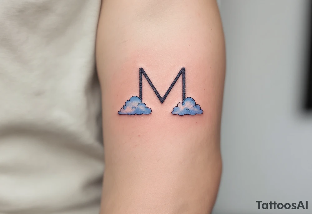 A soft "M" in sky blue with subtle cloud-like shading. tattoo idea