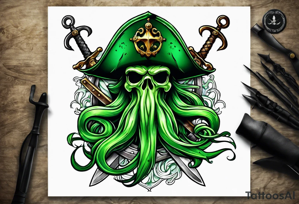 green pirate squid holding sword and anchor tattoo idea