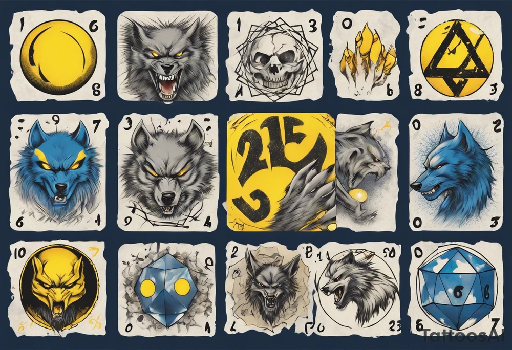 A large 20 sided Dice in the center with numbers and wolverine claw marks framing the area underneath the dice and a werewolf howling at the moon in the background, and blue and yellow faded background color tattoo idea