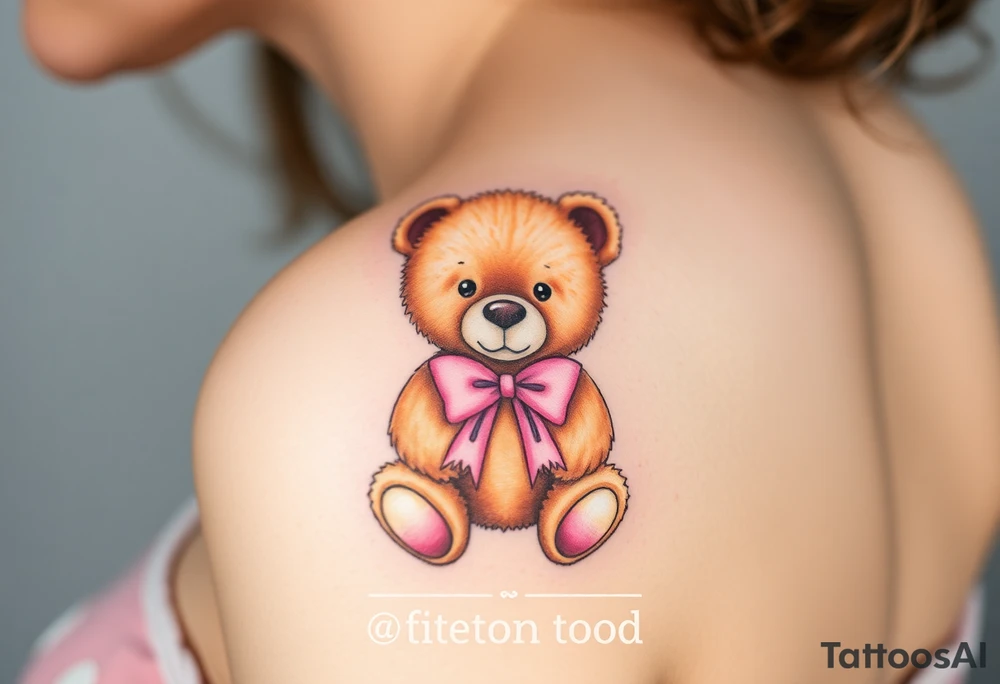 realistic tan teddy bear with a pink bow around its neck tattoo idea