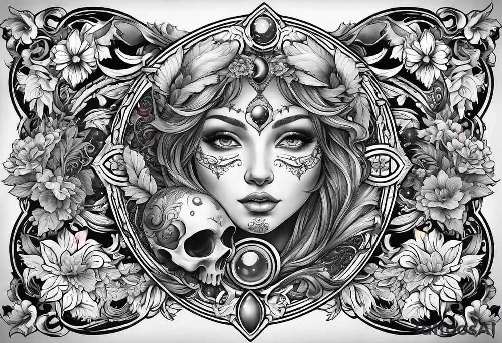 A tattoo design inspired by southern Italian folklore tales, incorporating mystical creatures and celestial objects such as moons and stars, reflecting the client's love for folklore and celestial objects. tattoo idea