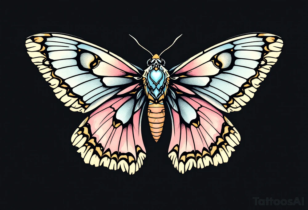A delicate moth with intricately patterned wings, adorned with soft pastel hues of lavender, pale pink, and light blue. The wings are outlined in fine black ink to accentuate the details, with small golden accents at the tips of the wings, symbolizing enlightenment and transformation. In the center of the moth’s body, a small heart-shaped symbol is subtly integrated, representing love. tattoo idea
