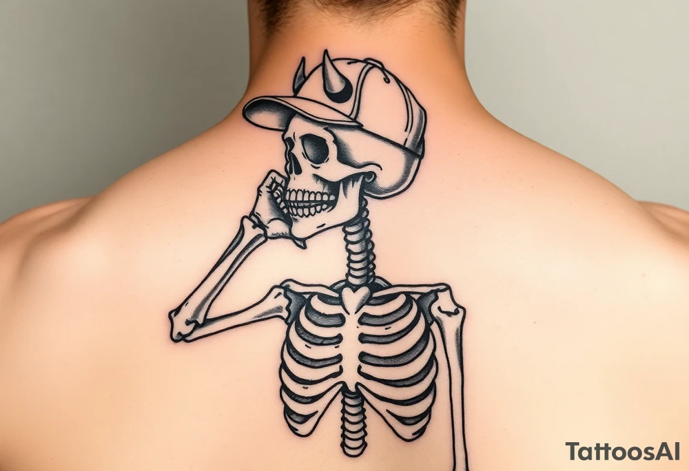 Skeleton with a fun ball cap doing devil s horn tattoo idea