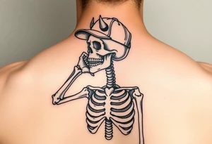 Skeleton with a fun ball cap doing devil s horn tattoo idea