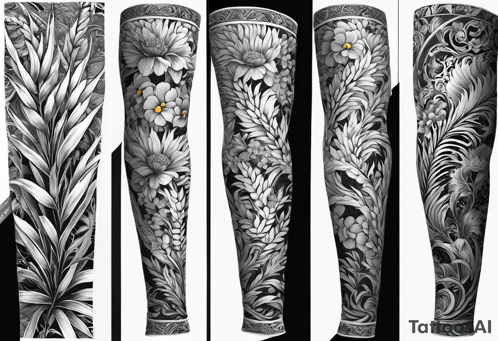 Vertical floral arm sleeve with wheat at dragonflower tattoo idea