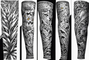 Vertical floral arm sleeve with wheat at dragonflower tattoo idea