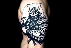 noble samurai warrior silhouette at sunset with boxing gloves tattoo idea