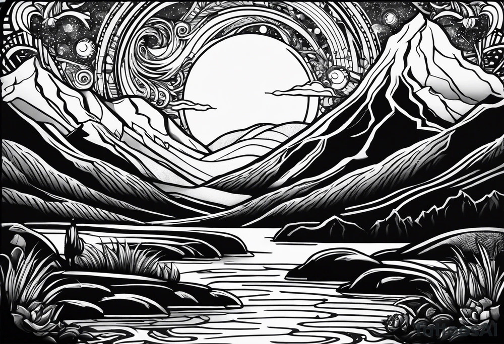 nature with mountains, waterfall, water, and a father and son in the background and and moon/sun in the sky with stars tattoo idea