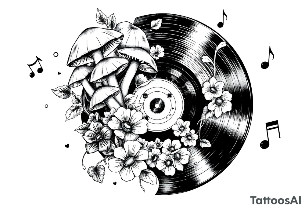 vinyl record with mushrooms, flowers, hearts, and music notes tattoo idea