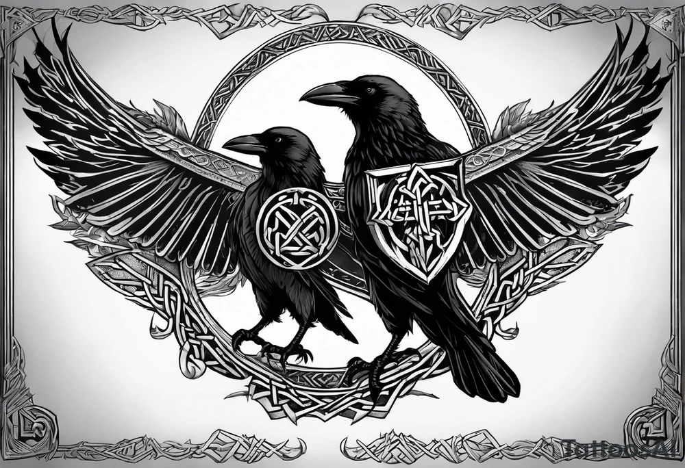 odins raven in a Norse rune style for placement on the neck with the ravens wings going up the sides of the neck. Norse knots and runes throughout tattoo idea