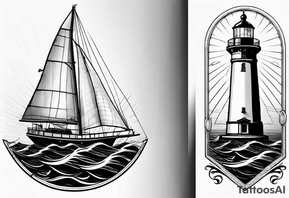 maritime lighthouse in a front view sailboat serving as a mast for a sail. tattoo idea