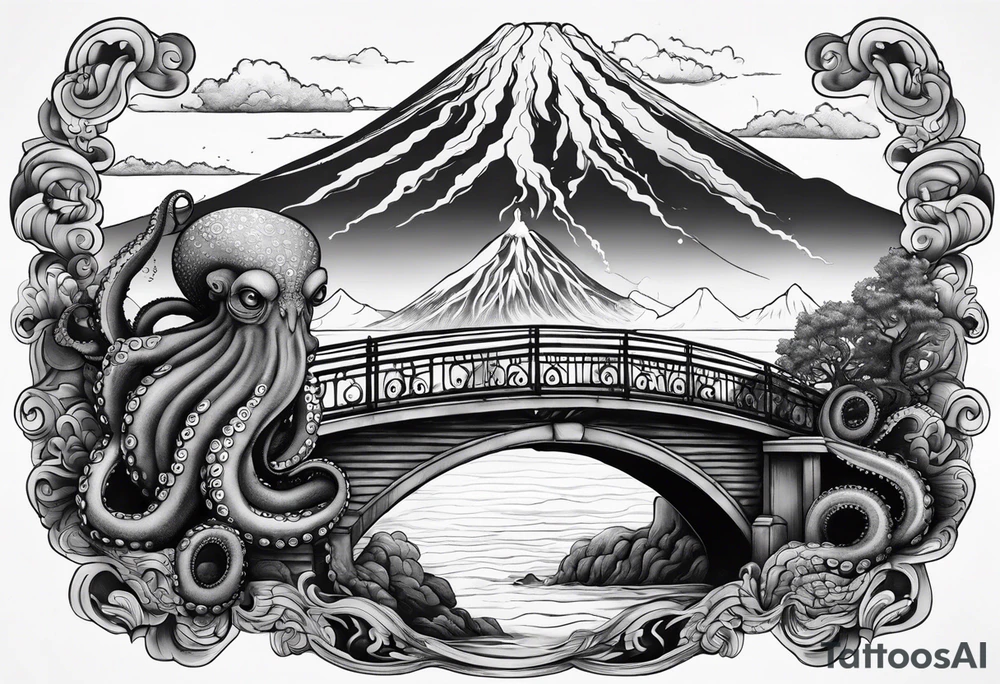 Octopus attacking a bridge with volcano in background erupting tattoo idea