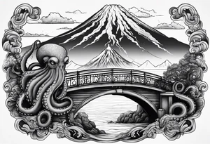 Octopus attacking a bridge with volcano in background erupting tattoo idea