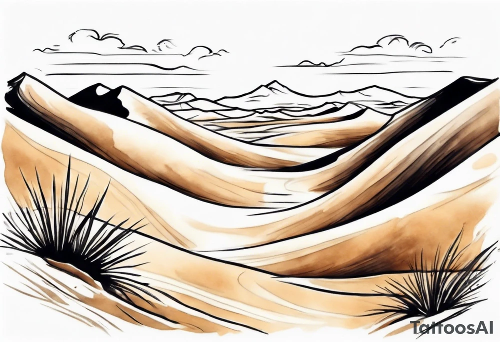 "Design a tattoo depicting a distant view of a vast desert landscape with low, undulating sand dunes. tattoo idea