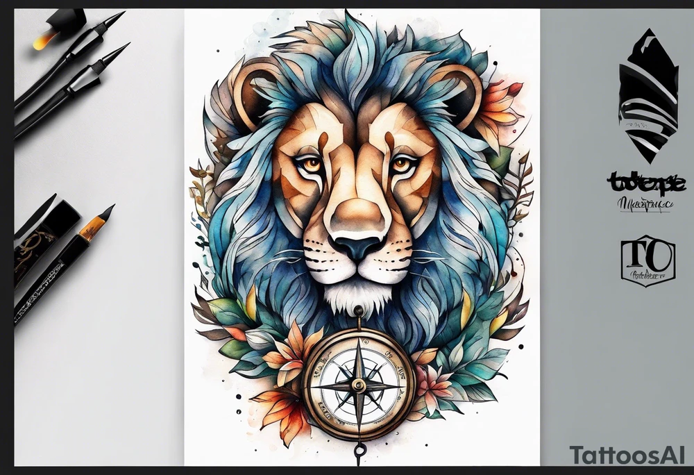 Sleeve tattoo with the word topete, a compass and a lions head tattoo idea