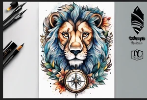 Sleeve tattoo with the word topete, a compass and a lions head tattoo idea
