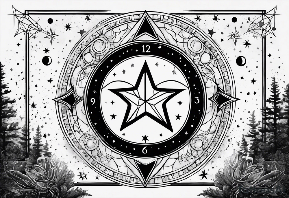 Matter, energy, space, time with an old stone theta symbol and a star-filled night in the background with a Scorpio constellation tattoo idea