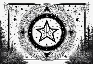 Matter, energy, space, time with an old stone theta symbol and a star-filled night in the background with a Scorpio constellation tattoo idea