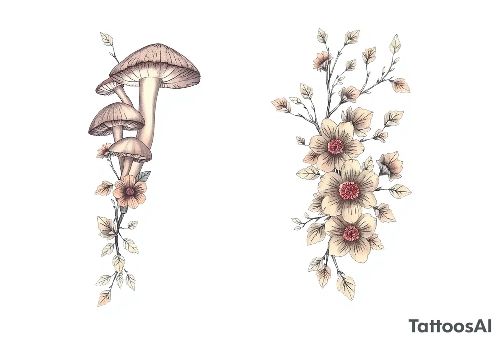 Fall themed sleeve with mushrooms, a snail, some falling leaves off tree branches, falling rain, and fall themed flowers as background filler tattoo idea