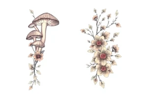 Fall themed sleeve with mushrooms, a snail, some falling leaves off tree branches, falling rain, and fall themed flowers as background filler tattoo idea