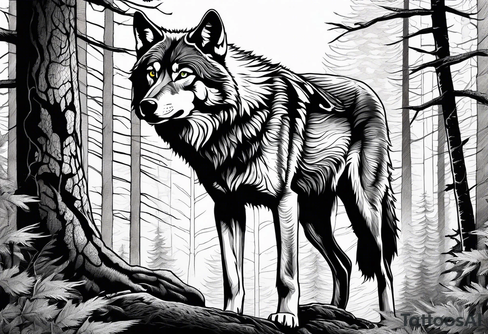 Detailed powerful Wolf in Front of a scary forest tattoo idea