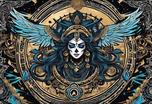 black kali, goddess pirate, alien, angel, pachamama, valkrye, warrior, flying, skull, lotus azul, wing, eagle, zenza resonance, stars, 5D, anahata chakra, death, durga, riding on a tiger tattoo idea