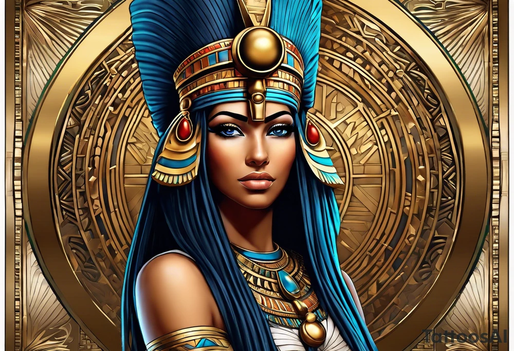 Egyptian figure girl. The figure should be full, featuring a regal headdress and detailed facial markings reminiscent of ancient Egyptian art. Include mystical and symbolic elements such as the Eye of Horus and ankh, blending subtly with geometric background patterns. 
Hyperrealism tattoo idea