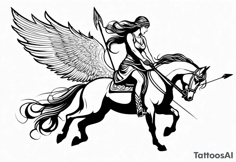 Valkyrie on winged Pegasus, flight, holding spear, looking down tattoo idea Valkyrie on winged Pegasus, flight, holding spear, looking down tattoo idea