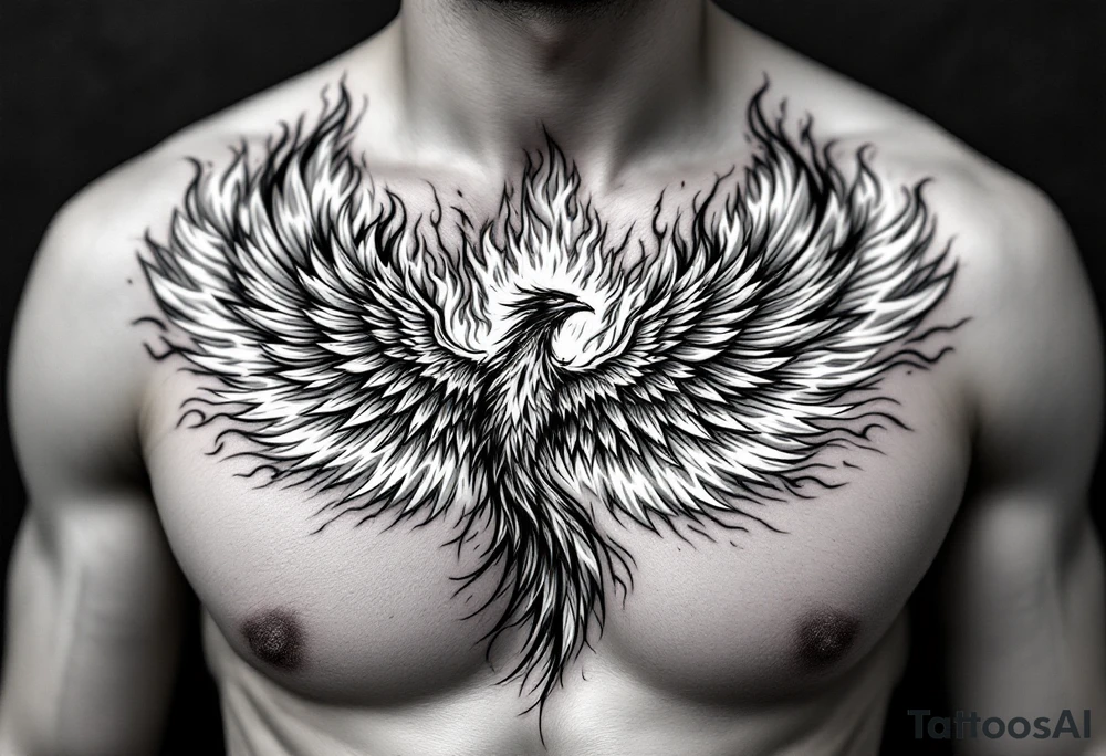 Realistic and symmetrical flaming Phoenix rebirth with spread low wings surrounded by fire mapped onto chest only
Phoenix head must be in the middle of the chest, straight and symmetrical 
Fire should be surrounding spread wings
Wings should be spread low only on chest muscle towards nipples tattoo idea