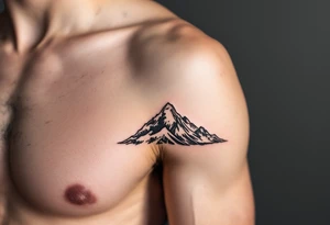 A fine-line black and gray wave flows into a mountain silhouette on the upper arm. tattoo idea