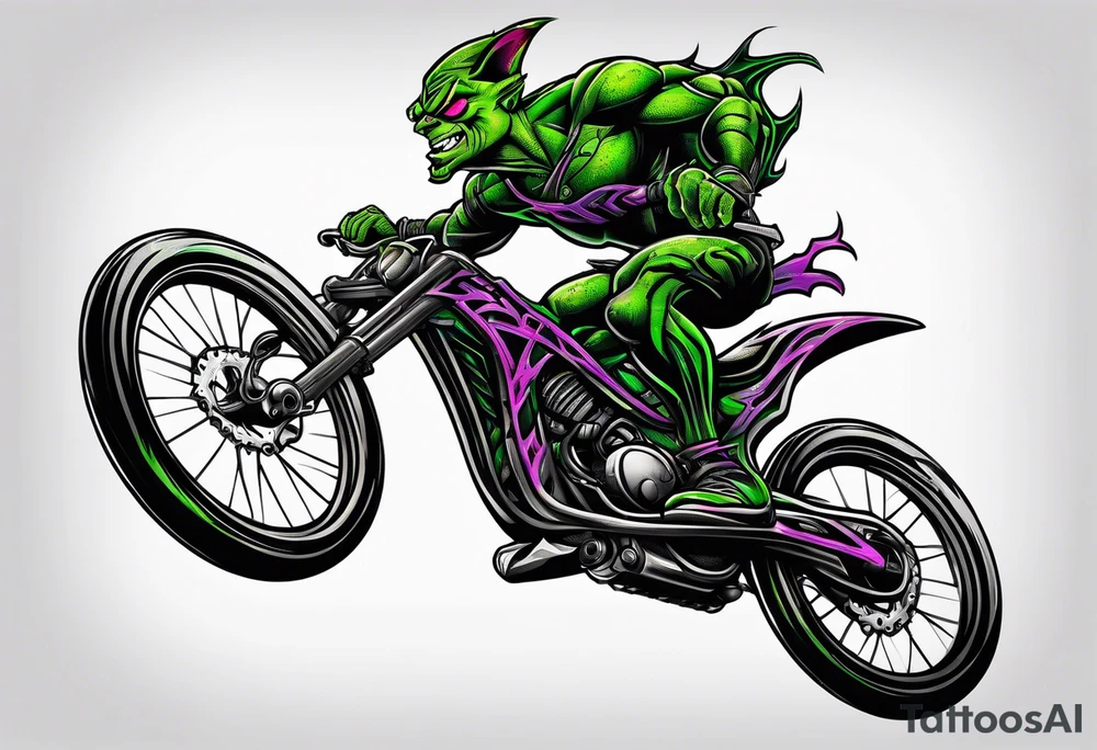Green goblin riding a Santa Cruz blur full suspension mountain bike tattoo idea