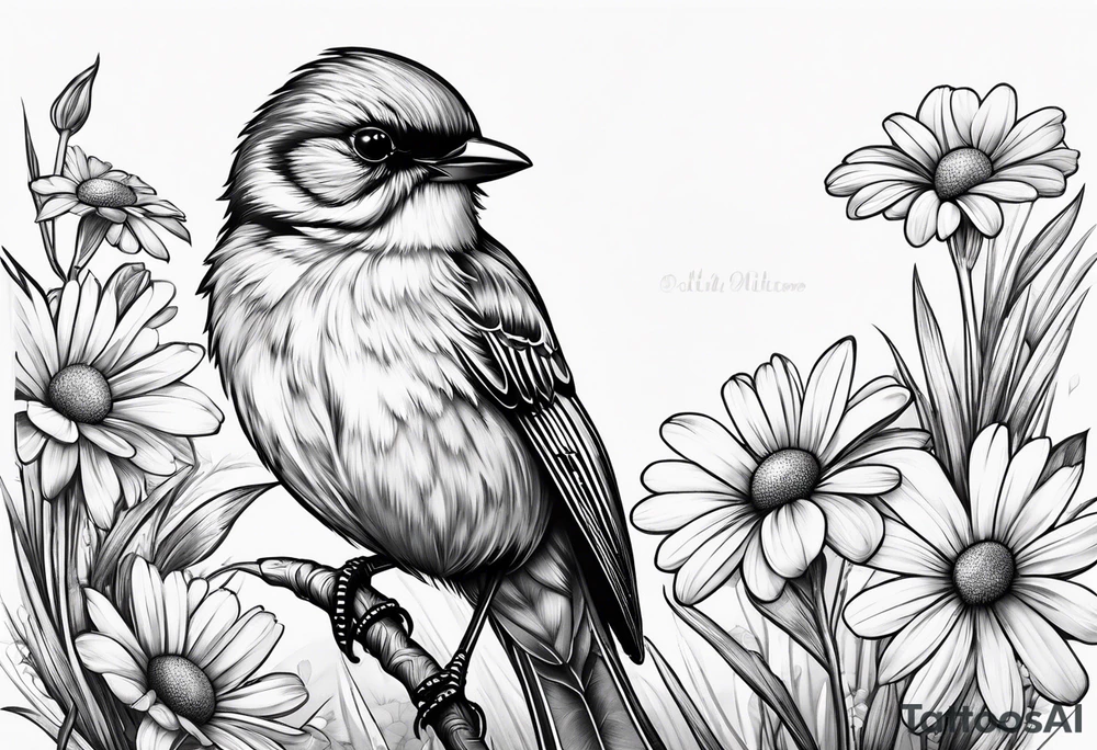 Little bird out perched on grass and daisys tattoo idea