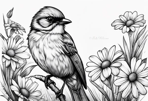 Little bird out perched on grass and daisys tattoo idea