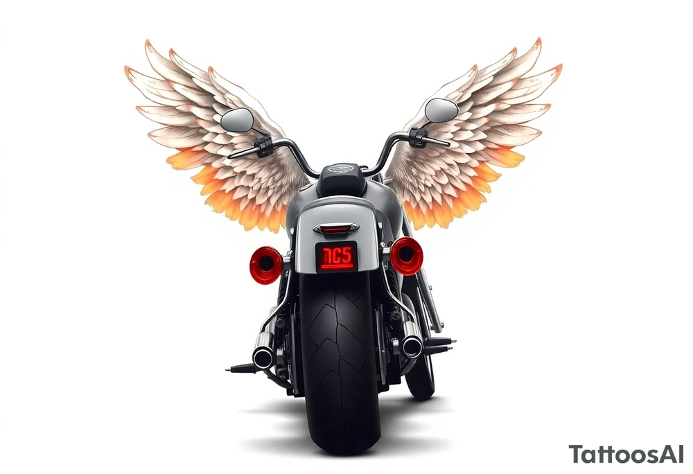 Low rider grey motorcycle, big muffler pipes with flames, angel wings, driving away, no person tattoo idea