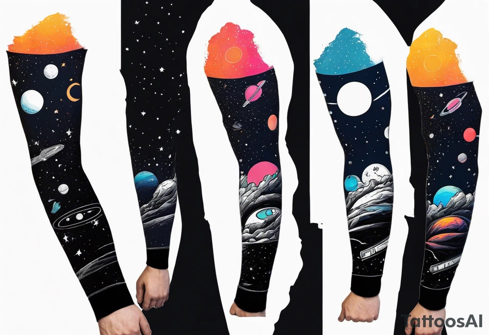 space themed arm sleeve. I want a feeling of being above it all. I like man on the move imagery inspired by kid cudi tattoo idea