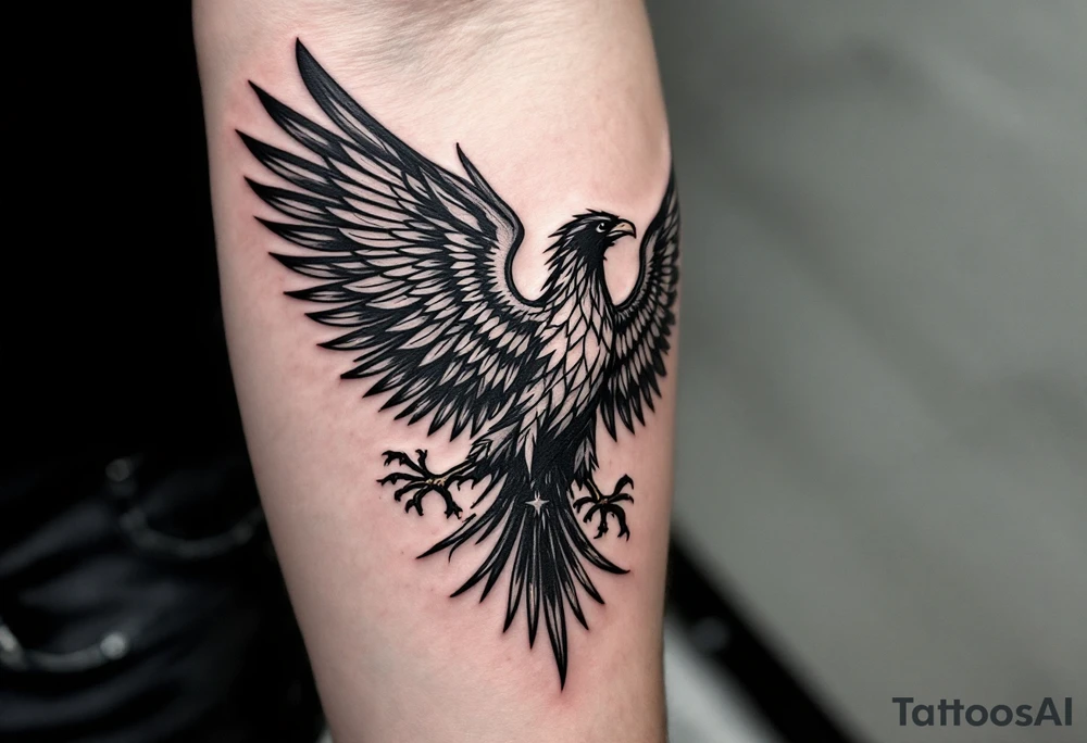 A detailed black eagle in flight, with its wings partially merging into a faded vintage-style map of the Czech republic. The borders of the region are highlighted in deep red, symbolizing history and unity. tattoo idea