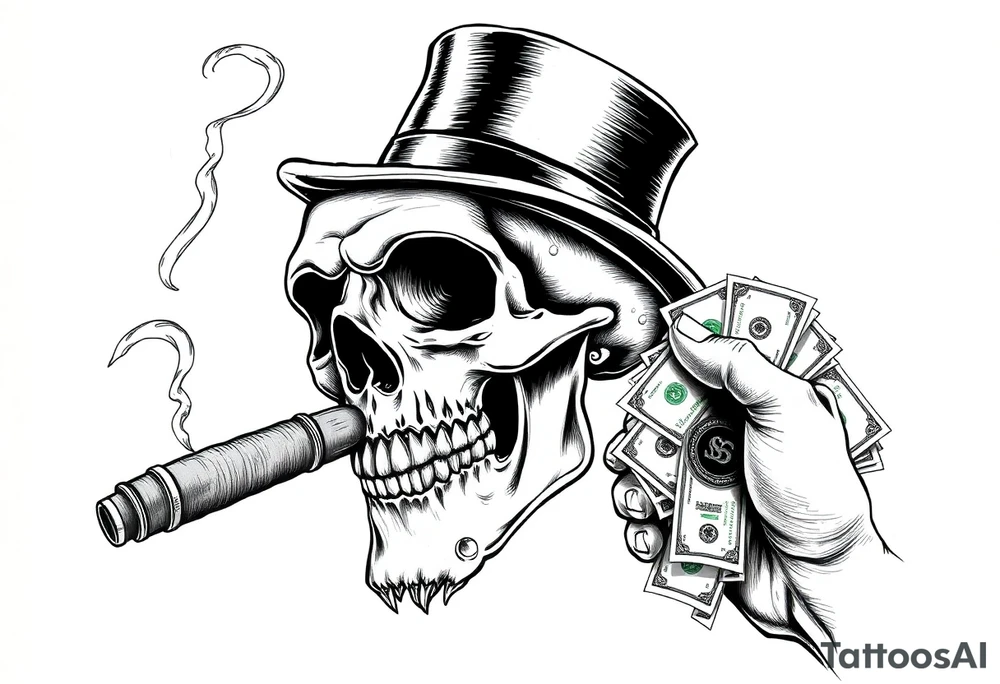 skull with mustache,a big cigar in his mouth,a top-hat on his head and alot of money in a hand. tattoo idea