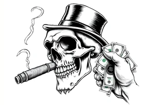 skull with mustache,a big cigar in his mouth,a top-hat on his head and alot of money in a hand. tattoo idea
