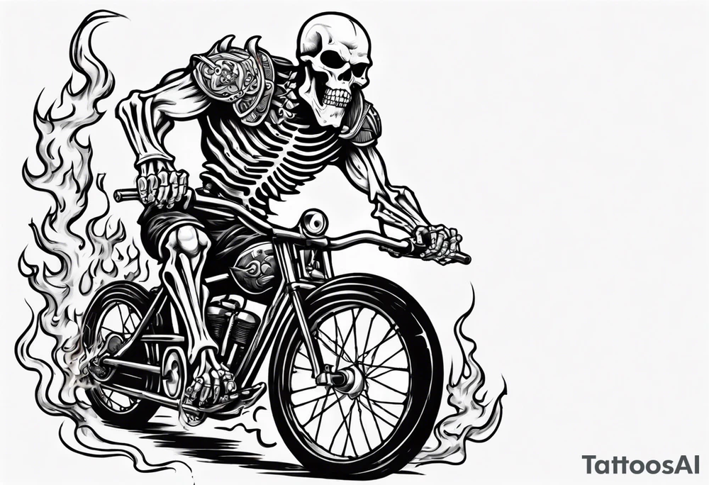 Skeleton riding a bike with flames and a big viking head in the background tattoo idea