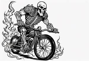 Skeleton riding a bike with flames and a big viking head in the background tattoo idea