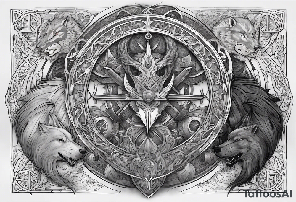 Full sleeve and pectoral tattoo showing the epic battle of ragnarok. It should include a scene between Thor, the god of thunder versus Jörmungandr the serpent as well as Odin all father and Fenrir the wolf. Place a Viking compass in the middle of the pectoral tattoo idea