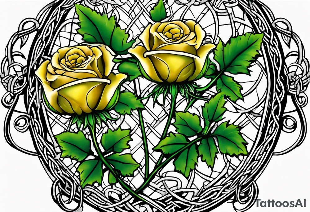 A Scottish thistle, a yellow rose and a shamrock with stems intertwined spelling KND in celtic lettering tattoo idea