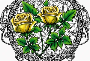A Scottish thistle, a yellow rose and a shamrock with stems intertwined spelling KND in celtic lettering tattoo idea