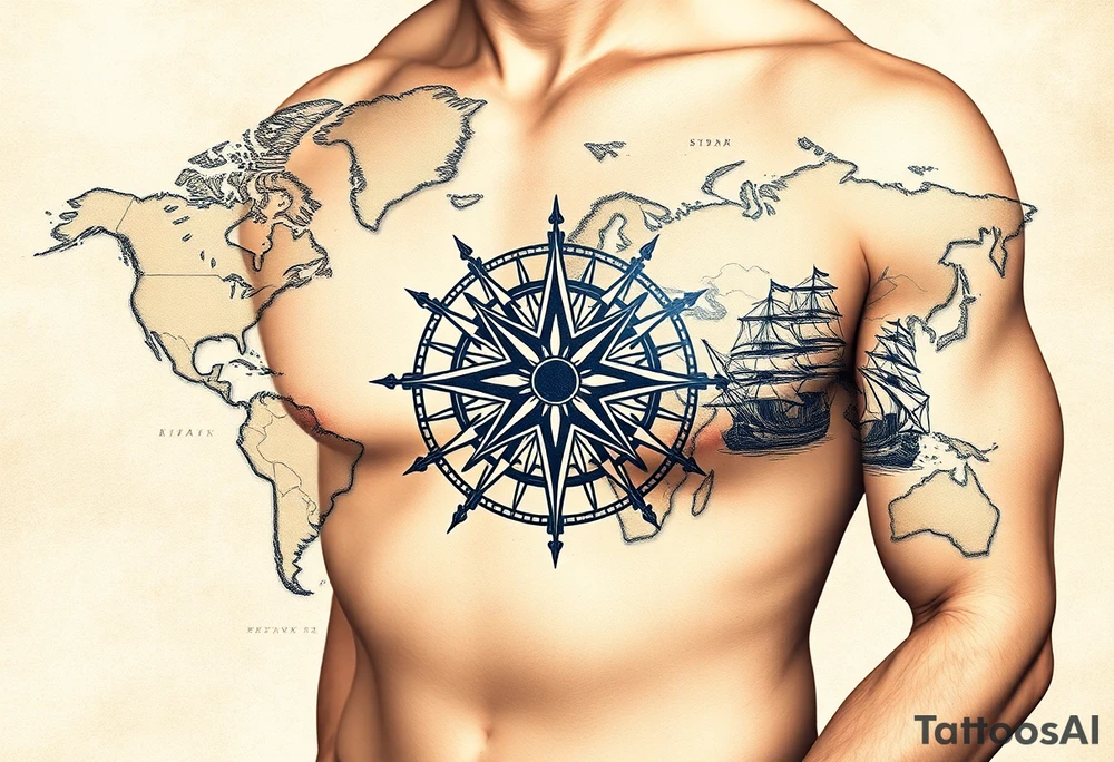 antique compass rose overlaid on weathered world map with sailing ships tattoo idea