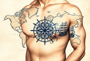 antique compass rose overlaid on weathered world map with sailing ships tattoo idea