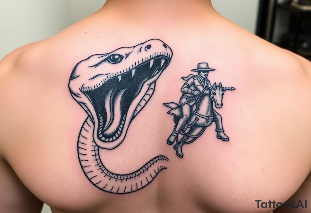 A snake with alien eyes full mouth of teeth and a guy with a saddle riding tattoo idea