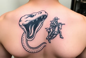 A snake with alien eyes full mouth of teeth and a guy with a saddle riding tattoo idea