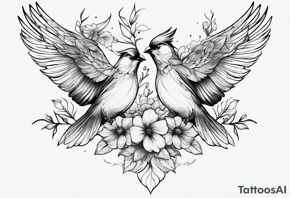 Two birds and flowers, fine line, minimal tattoo idea