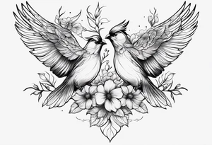Two birds and flowers, fine line, minimal tattoo idea